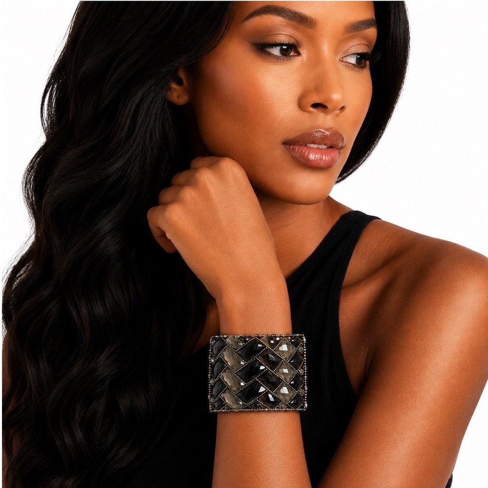 Vintage Bronze Tone Black Smoky Crystal Hinged Cuff Bracelet Woven Chic 103-183